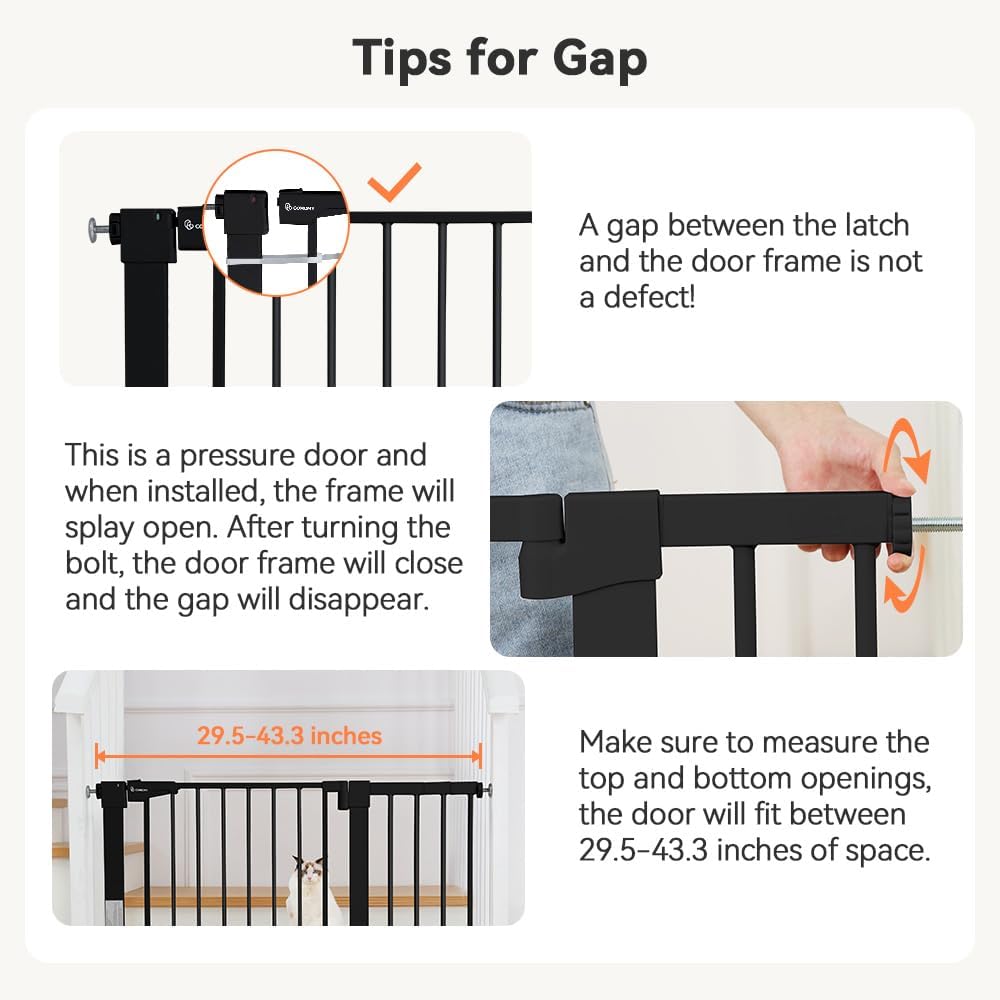 COMOMY 29.5-43.3" Safety Baby Gate Extra Wide, Auto Close Dog Gate for House Doorways Stairs, Pressure Mounted Easy Walk Through Pet Gate Child Gate, Includes 2.75" and 8.25" Extension, Black