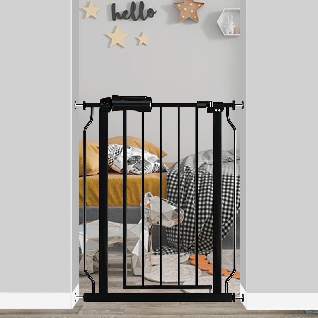 Fairy Baby Extra Wide Baby Gate Black 57.5-62 Inch Wide, Walk Through Pressure Mounted No Drill for Doorways, Long and Large Tension Dog Gates for Pet and Kids