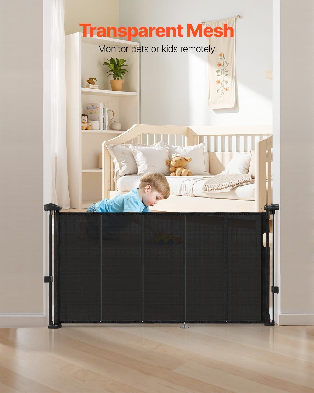 VEVOR Retractable Baby Gate, 34 inch Tall, Extends up to 110 inch Wide, Retractable Gate for Kids or Pets, Mesh Material, Easy to Install for Indoor Stairs, Doorways, Hallways, Playrooms, Gray
