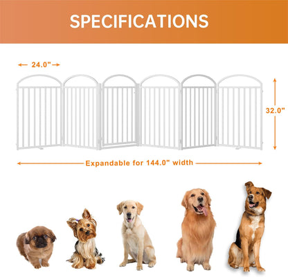 SNUOWU 4 Panels Full Matel Freestanding Dog Gates with Door, 96"Extra Wide 32"Tall Free Standing Dog Pet Gate for Indoor & Outdoor. Foldable Pet Fences for Doorways, House, Stairs, Porch, Deck, Yard
