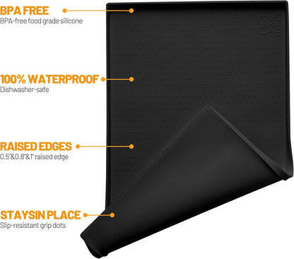 Hubulk Dog Feeding Mat,100% Waterproof Food Grade Silicone Pet Food and Water Bowl Placemat,Dishwasher, High Raised Edge to Prevent Spills,Nonslip Tray to Stop Messes on Floor (19"x12"x0.5", Grey)