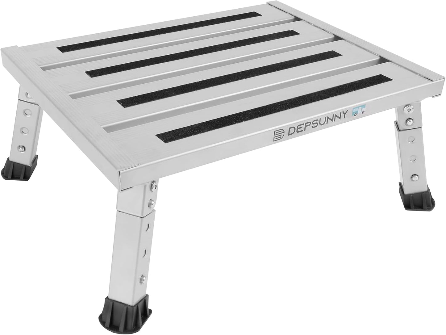 Adjustable Height Aluminum RV Step, Stable Foldable Platform Step Stool, Supports Up to 1,000 lb, Non-Slip Rubber Feet and Platform Mat, Easy to Carry (Black)