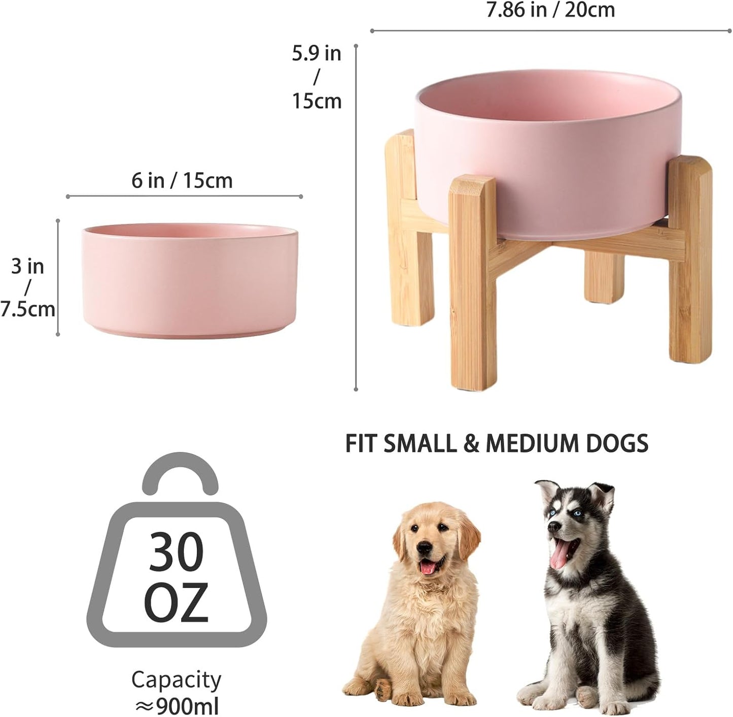 6'' Ceramic Raised Dog Bowl - 30Oz Dog Food & Water Bowl with Elevated Non-Slip Bamboo Stand, Dishwasher & Microwave Safe, Anti Vomiting Heavy Duty Pet Bowl for Small and Medium Dogs, White