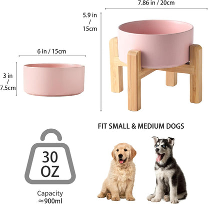 6'' Ceramic Raised Dog Bowl - 30Oz Dog Food & Water Bowl with Elevated Non-Slip Bamboo Stand, Dishwasher & Microwave Safe, Anti Vomiting Heavy Duty Pet Bowl for Small and Medium Dogs, White