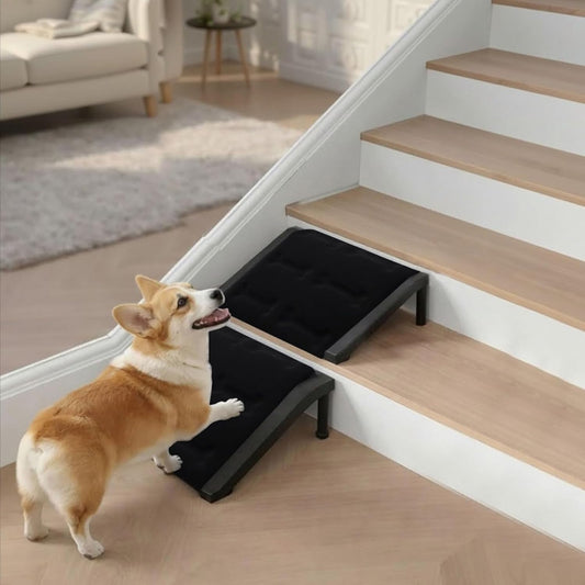 Dog Ramp for Stairs – Non-Slip Pet Ramp for Small, Short-Legged & Senior Dogs – Sponge Padding Surface + 200-lb Heavy-Duty Metal Frame – Small Dogs Climb Safely – Indoor/Outdoor Steps (Bone-（2-Pack)