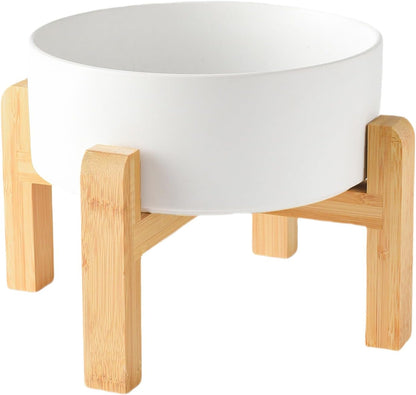 6'' Ceramic Raised Dog Bowl - 30Oz Dog Food & Water Bowl with Elevated Non-Slip Bamboo Stand, Dishwasher & Microwave Safe, Anti Vomiting Heavy Duty Pet Bowl for Small and Medium Dogs, White
