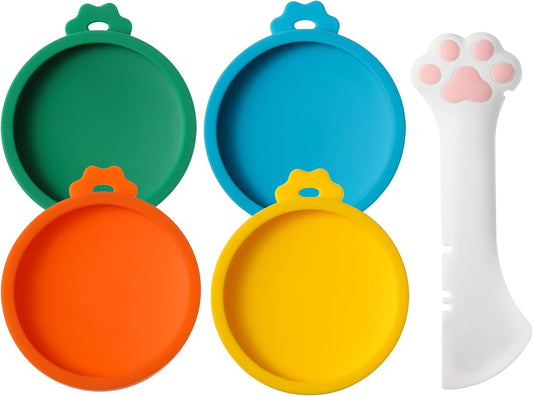 Joyinjojo Cat Food Can Lids with Cat Food Spoon, 4 Pack Small Silicone Pet Food Can Covers Lids for Cat Food Cans 3 oz, Multi-Functional Cat Spoon Can Opener Spatula for Canned Wet Food