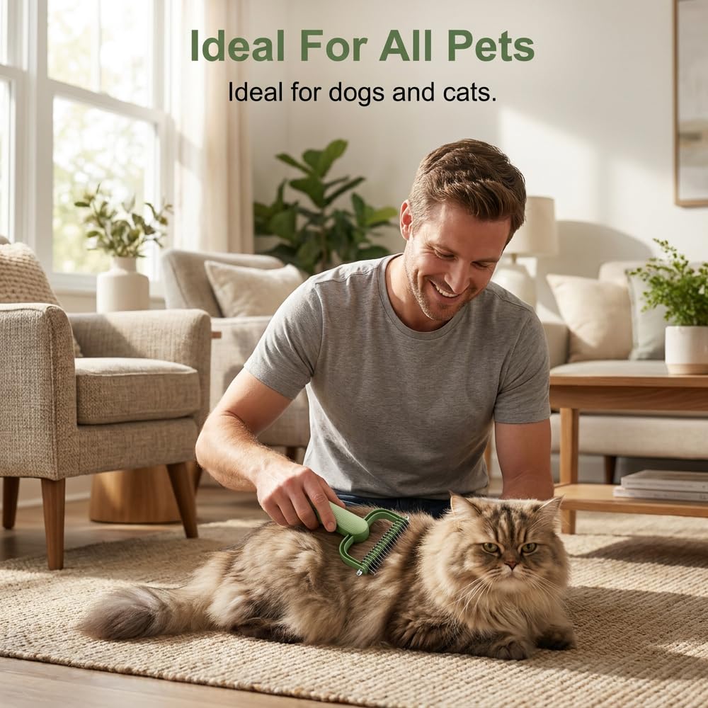 Double Sided Dematting Comb for Dogs and Cats – Undercoat Rake Pet Grooming Tool for Shedding, Tangles & Matted Fur, Stainless Steel Deshedding Brush for Long Haired & Thick Coat Pets (Green & Gray)