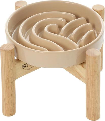 Ceramic Slow Feeder Dog Bowl, Maze Puzzle Non-Slip Silicone Base Stoneware Bowl for Small Medium Dogs, Heavy Duty Anti-Bloat Dog Food Bowl Dishwasher Safe – Apricot, Medium