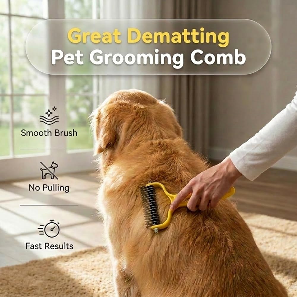 Double Sided Dematting Comb for Cats & Dogs, Undercoat Rake, Safe Deshedding Grooming Tool, Gentle Matt Remover Detangler for Long Thick Haired Pets, Ergonomic Pet Grooming Brush (Black)
