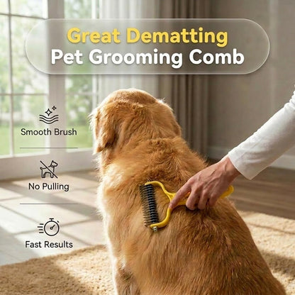 Double Sided Dematting Comb for Cats & Dogs, Undercoat Rake, Safe Deshedding Grooming Tool, Gentle Matt Remover Detangler for Long Thick Haired Pets, Ergonomic Pet Grooming Brush (Black)