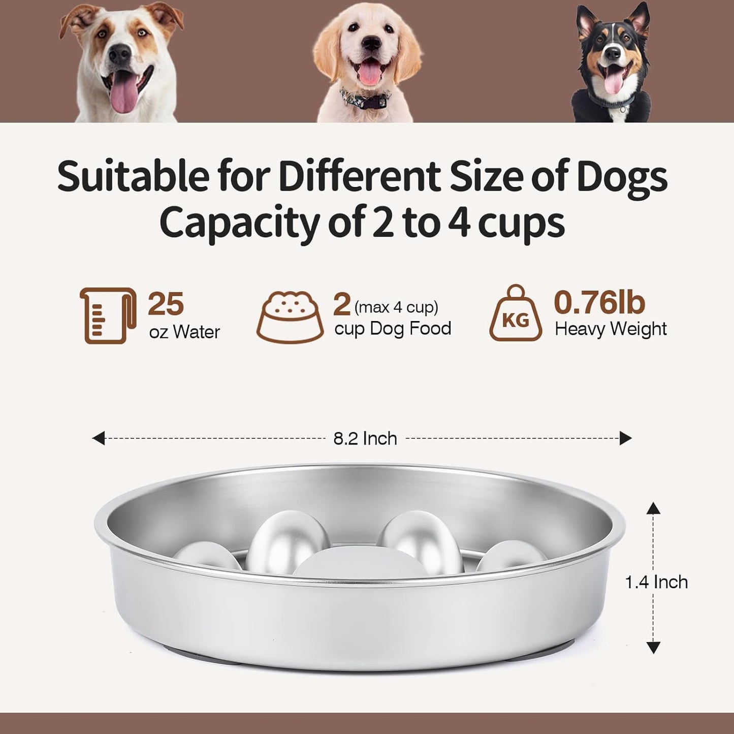 Slow Feeder Dog Bowl for Fast Eating Dogs Stainless Steel Heavy Duty 8.2" with Non-Slip Base, Raised Obstacle Slow Down Eating for Small Medium Large Dogs, Reduces Bloat & Indigestion, Dishwasher Safe