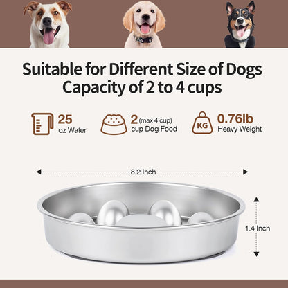 Slow Feeder Dog Bowl for Fast Eating Dogs Stainless Steel Heavy Duty 8.2" with Non-Slip Base, Raised Obstacle Slow Down Eating for Small Medium Large Dogs, Reduces Bloat & Indigestion, Dishwasher Safe