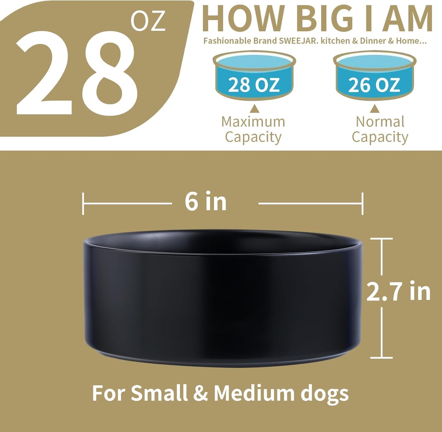 Black Elevated/Raised Dog Bowl Ceramic with Wood Stand for Medium Large Breed,Dog Food Water Dish Heavy Weighted,8 in Non Slip Modern Cute Porcelain Pet Bowl Extra Large