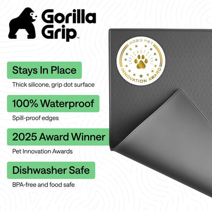 GORILLA GRIP 100% Waterproof Raised Edge BPA Free Silicone Pet Feeding Mat, Dog Cat Food Mats Contain Spills Protects Floors, Placemats for Cats and Dogs Water Bowl, 18.5x11.5, Gray