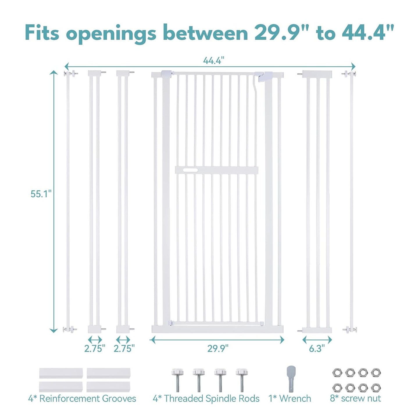 No Pawblems 55" Extra Tall Pet Gate for Cat/Dog, 29-40" Wide Auto Close Tall Dog Gate for Doorways/Hallways, 1.37" Ultra Narrow Spacing, NO Drilling Pressure Mounted, Black
