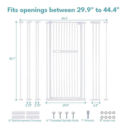 No Pawblems 55" Extra Tall Pet Gate for Cat/Dog, 29-40" Wide Auto Close Tall Dog Gate for Doorways/Hallways, 1.37" Ultra Narrow Spacing, NO Drilling Pressure Mounted, Black