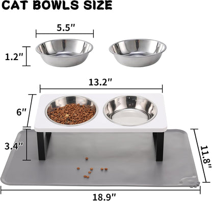 Upgraded Elevated Cat Bowls with Food Mat,15°Tilted Stand Anti Vomiting Raised Cat Dishes for Food and Water,2 Stainless Steel Bowls for Cats and Puppy