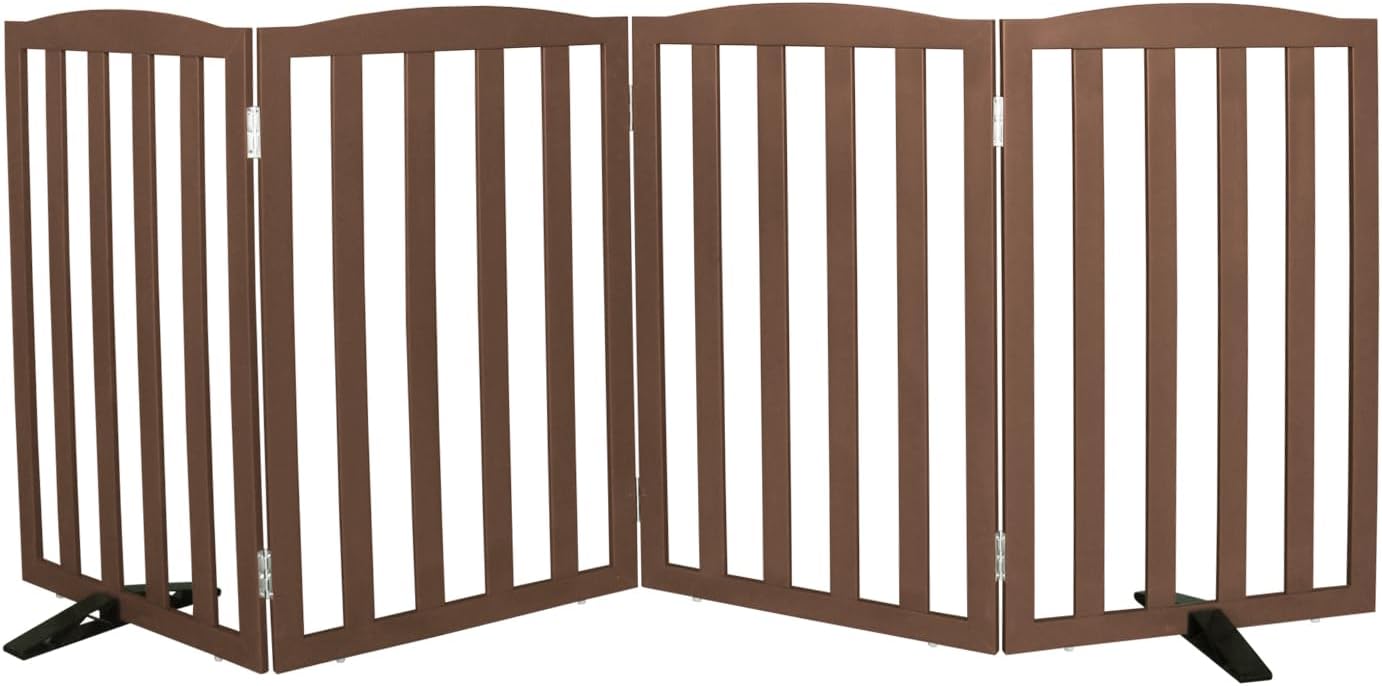 Freestanding Dog Gate Indoor,Doggie Gate Foldable Pet Gates for Doorways,Stairs or Hallways, Wooden Brown Pet Gate for the House, Pet Fence with Support Feet Included,24 "Height-3 Panels