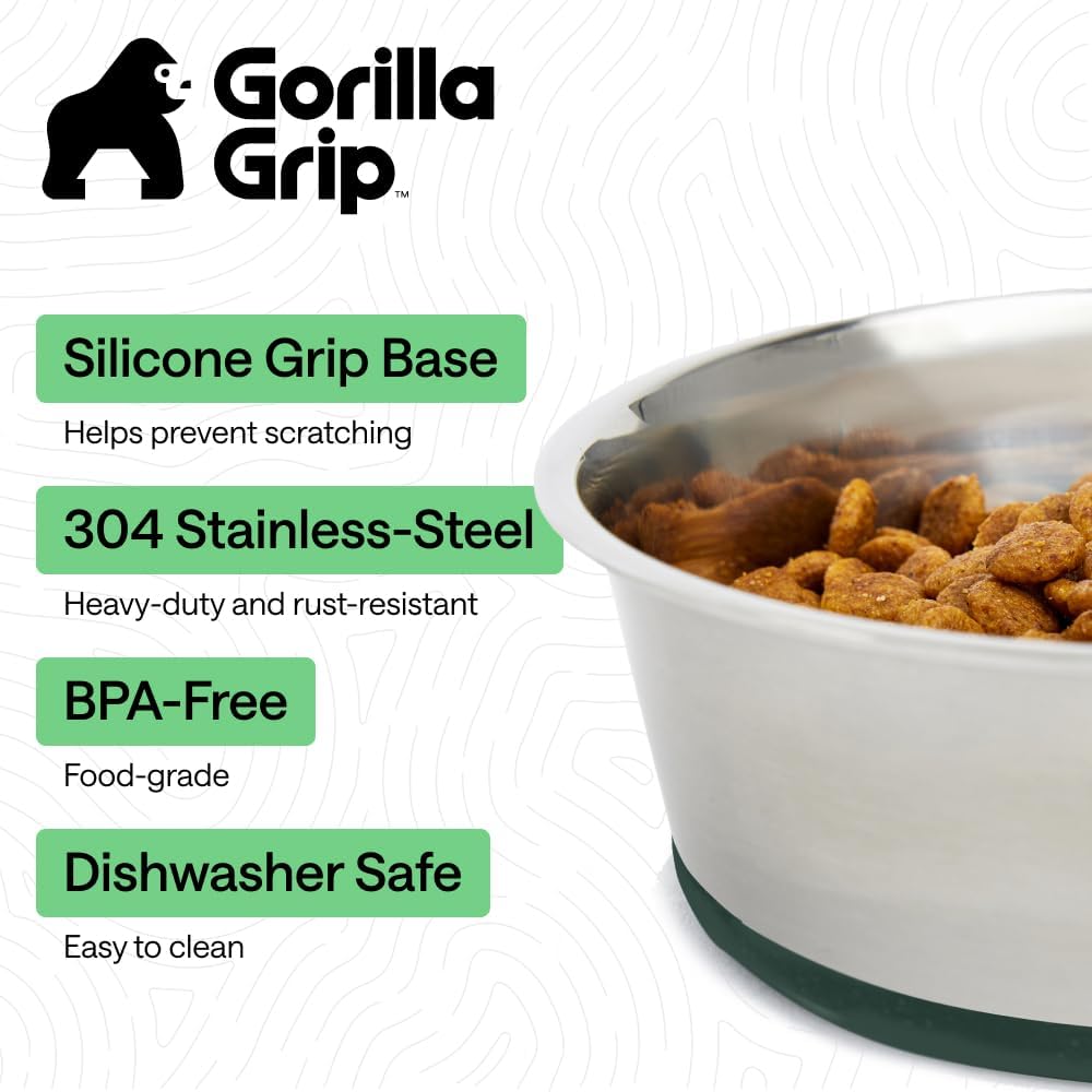 GORILLA GRIP Dog Bowls, Food Grade 304 Stainless Steel, Holds 2 Cups Each (16 fl oz) Food and Water Bowl for Feeding Dogs and Cats, Dishwasher Safe, Rust Resistant, BPA Free Rubber Base Set of 2 Black