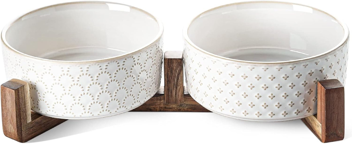 LE TAUCI Dog Bowl Set with Acacia Wood Stand - 1.5-Cup Ceramic Puppy Bowls for Small Dogs, Dual Food and Water Bowls with Weighted Non-Slip Base