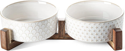 LE TAUCI Dog Bowl Set with Acacia Wood Stand - 1.5-Cup Ceramic Puppy Bowls for Small Dogs, Dual Food and Water Bowls with Weighted Non-Slip Base