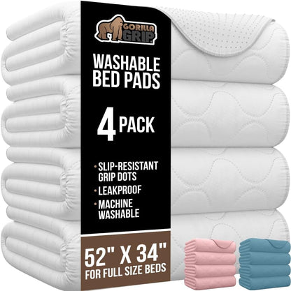 GORILLA GRIP Washable Underpads, Waterproof Reusable Heavy Absorbency Incontinence Bed Pads, Leak Proof Toddler Mattress Pad, 52x34 Slip Resistant Protector for Bedwetting, Adults and Kids, White