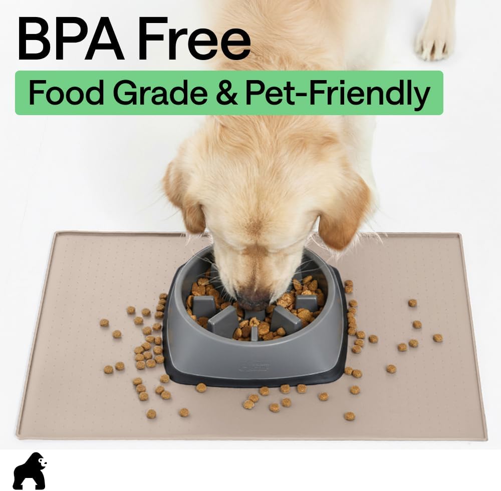 GORILLA GRIP 100% Waterproof Raised Edge BPA Free Silicone Pet Feeding Mat, Dog Cat Food Mats Contain Spills Protects Floors, Placemats for Cats and Dogs Water Bowl, 18.5x11.5, Gray