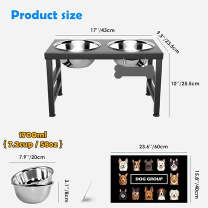 ADENGL Elevated Dog Bowls, 10" Tall Height, Raised Bowl Stand with 2 Stainless Steel Food Feeder Bowls (58oz) and Spill-Proof Mat for Medium Large and Small Breeds