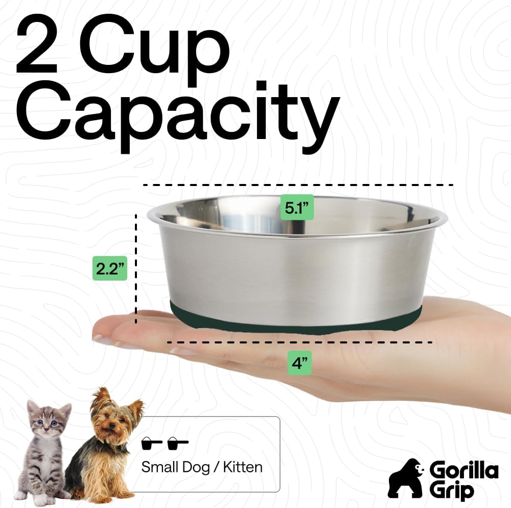 GORILLA GRIP Dog Bowls, Food Grade 304 Stainless Steel, Holds 2 Cups Each (16 fl oz) Food and Water Bowl for Feeding Dogs and Cats, Dishwasher Safe, Rust Resistant, BPA Free Rubber Base Set of 2 Black