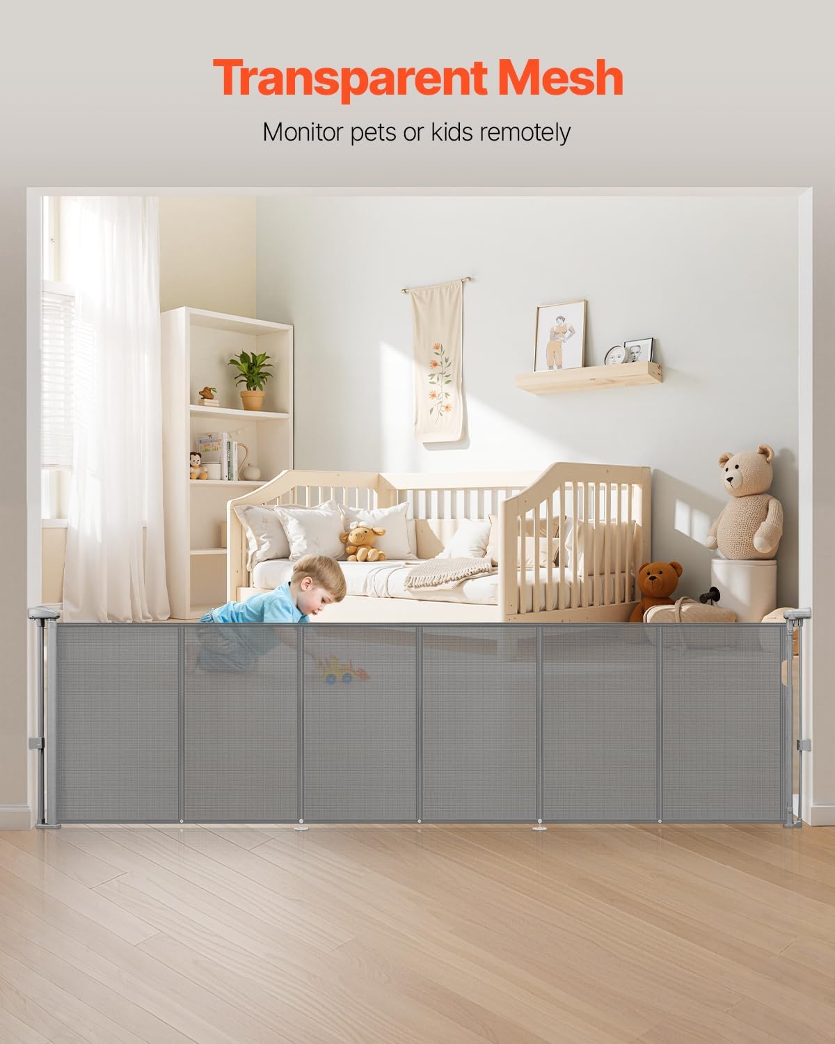 VEVOR Retractable Baby Gate, 34 inch Tall, Extends up to 110 inch Wide, Retractable Gate for Kids or Pets, Mesh Material, Easy to Install for Indoor Stairs, Doorways, Hallways, Playrooms, Gray