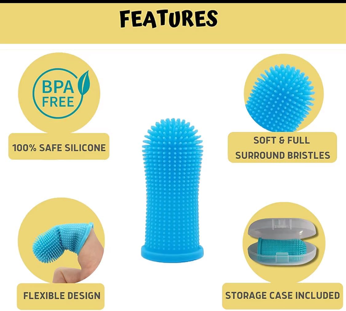Gomoly Pet Toothbrush, 360 ° Dog Tooth Cleaning Set, Cat Finger Cover Toot-hbrush for Cleaning Tongue Coating and Tooth Care, Pet Silicone Finger Cover Toothbrush Set of 2 with Case (Blue),Large