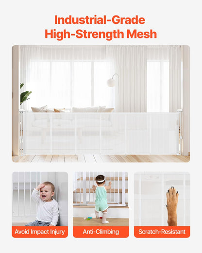VEVOR Retractable Baby Gate, 34 inch Tall, Extends up to 110 inch Wide, Retractable Gate for Kids or Pets, Mesh Material, Easy to Install for Indoor Stairs, Doorways, Hallways, Playrooms, Gray
