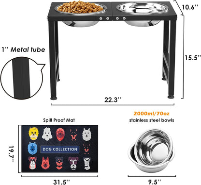 ADENGL Metal Raised Dog Bowl, 10" Tall Elevate Dog Feeder Stand with 2 Stainless Steel 42oz Bowls & 16x24 Non-Slip Mat – Stronger Dogs Food & Water Bowl Stand (Black)