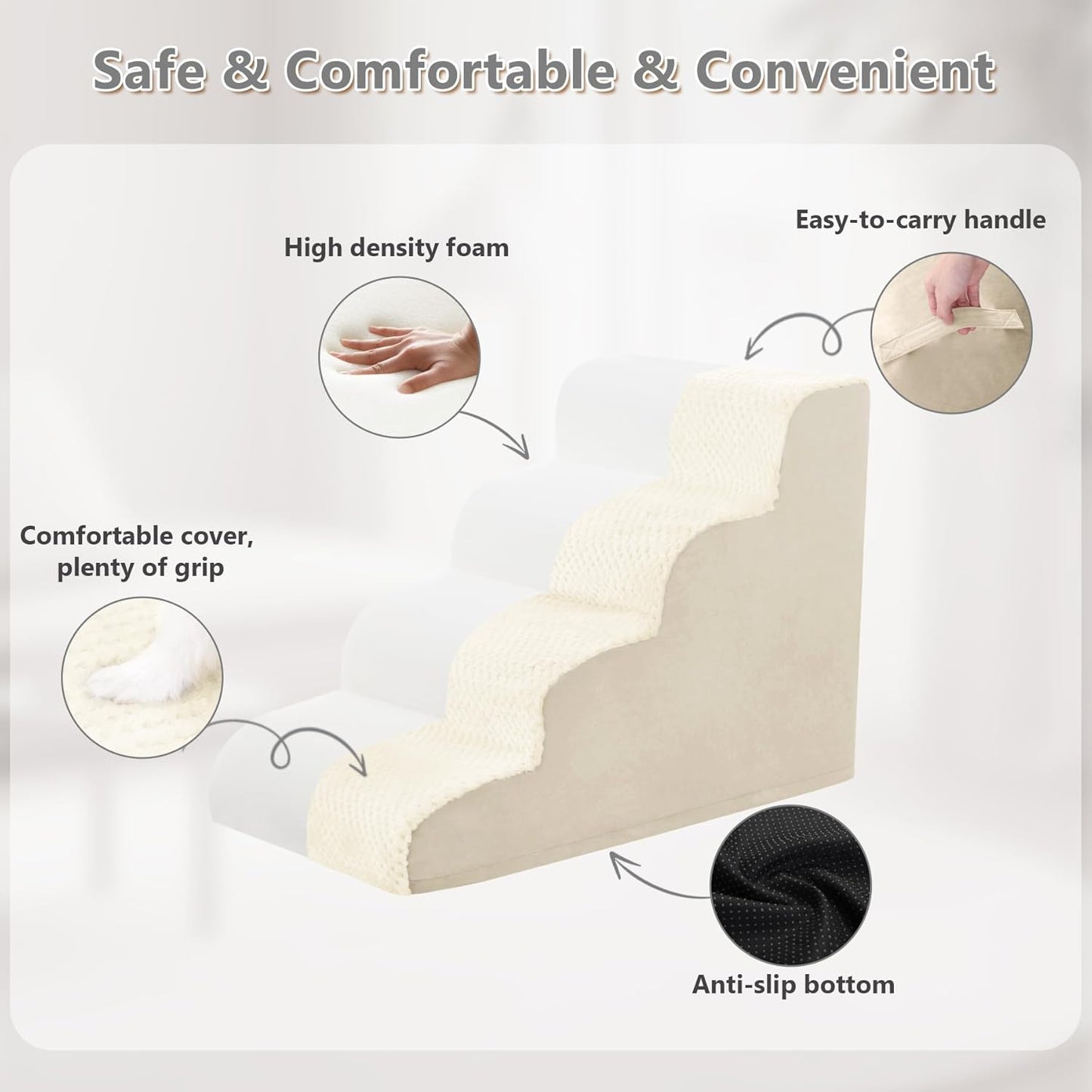 Dog Stairs Ramp, Curved 3-Step Dog Steps for Small Dogs and Cats, Pet Stairs for High Beds and Couch with Anti-Slip Washable Cover and Durable High Density Foam, Dark Grey