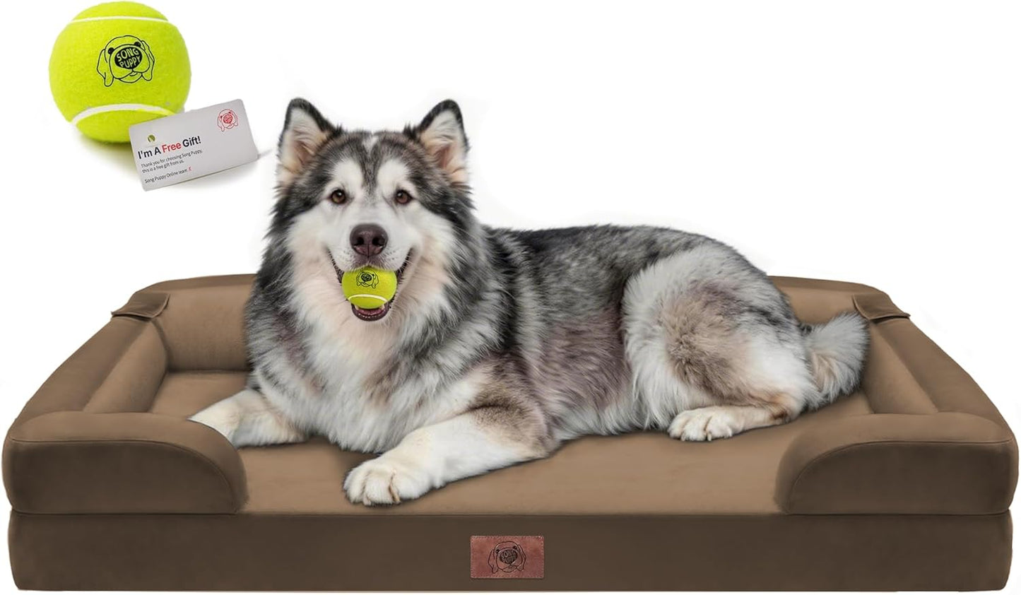 Extra Large Dog Bed, Orthopedic XL Washable Memory Foam Bed for Big Dogs Waterproof Pet Couch Sofa Bolster with Removable Cover, Non-Slip Bottom, Tennis Ball Toy, 42x30