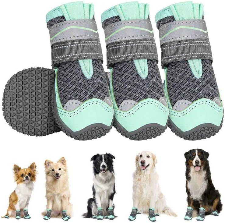 SlowTon Dog Shoes for Large Small Medium Dogs - Breathable Dog Boots for Summer Hot Pavement, Paw Protector for Outdoor Walking Winter Snow, Anti-Slip Rubber Dog Booties for Hardwood Floor (Green, 6)