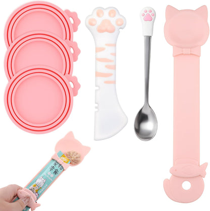 6 PCS Cat Food Can Covers Set, Reusable Silicone Can Lids with Opener, Stainless Steel Wet Food Spoon & Cat Treat Squeezer for Pet Feeding and Storage, Fits Cats & Dogs