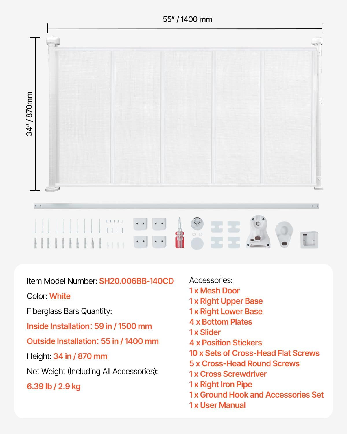 VEVOR Retractable Baby Gate, 34 inch Tall, Extends up to 110 inch Wide, Retractable Gate for Kids or Pets, Mesh Material, Easy to Install for Indoor Stairs, Doorways, Hallways, Playrooms, Gray