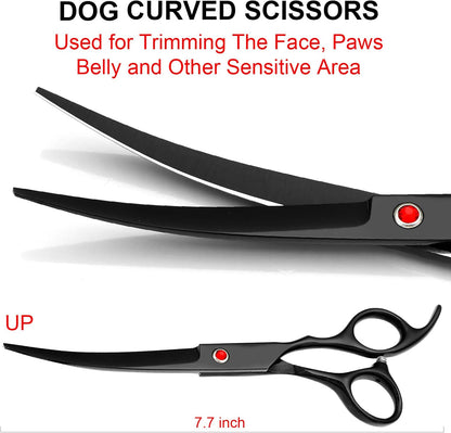 TINMARDA Dog Grooming Kit, Professional Stainless Steel Dog Grooming Scissors with Curved Shears, Pink Finger Rings - 4 Piece Sharp Durable Pet Shears for Dogs Cats At Home Salon-Quality Grooming