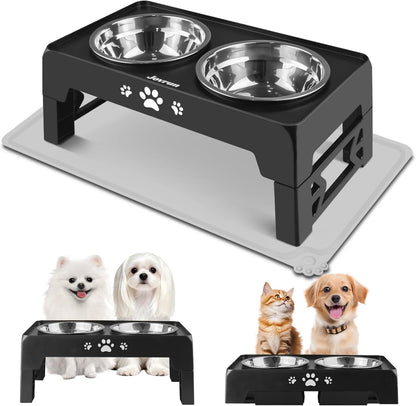 Jovrun Elevated Dog Bowls for Small Dogs and Cats, Non-Slip Cat Bowls with 2 Thick 5.5" Stainless Steel Dishes, Dog Feeder 2 Heights Adjustable to 2.6"-5.3"