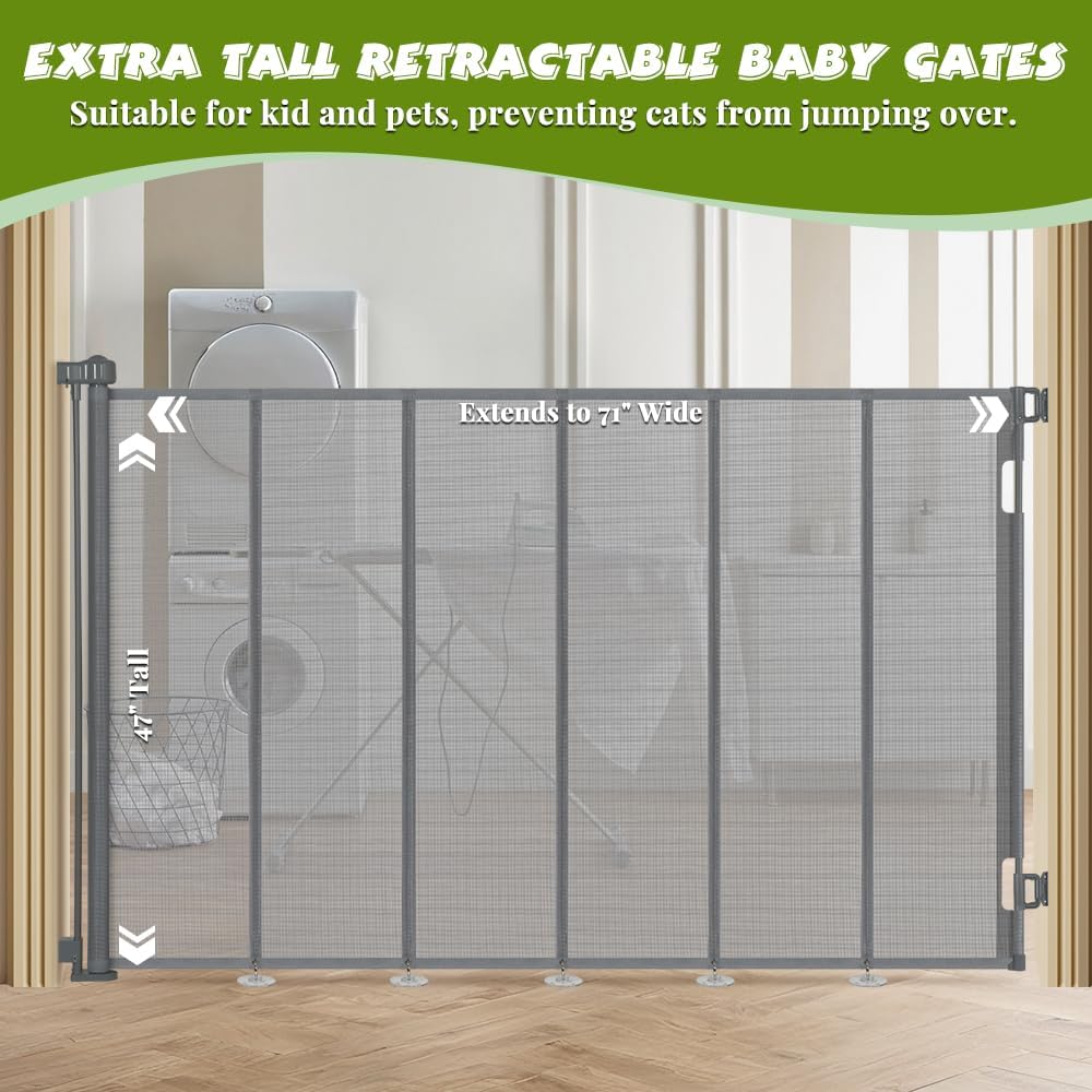 47" Extra Tall Retractable Baby Gates, Extends to 71" Wide, ExtraTall Retractable Safety Gate with Reinforced Strips, Retractable Tall Dog Gates for Doorways Mesh Baby Pet Gates Indoor, Grey
