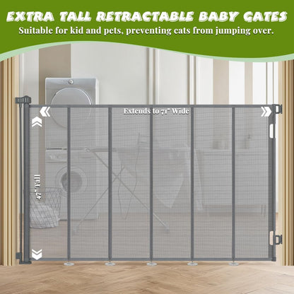 47" Extra Tall Retractable Baby Gates, Extends to 71" Wide, ExtraTall Retractable Safety Gate with Reinforced Strips, Retractable Tall Dog Gates for Doorways Mesh Baby Pet Gates Indoor, Grey