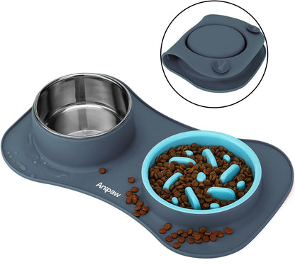 Anipaw Slow Feeder Dog Bowls 3 in 1 Stainless Steel Food and Water Bowls with Non-Spill and Skid Silicone Mat to Slow Down Eating for Large Medium Small Breed Size Dogs and Cats