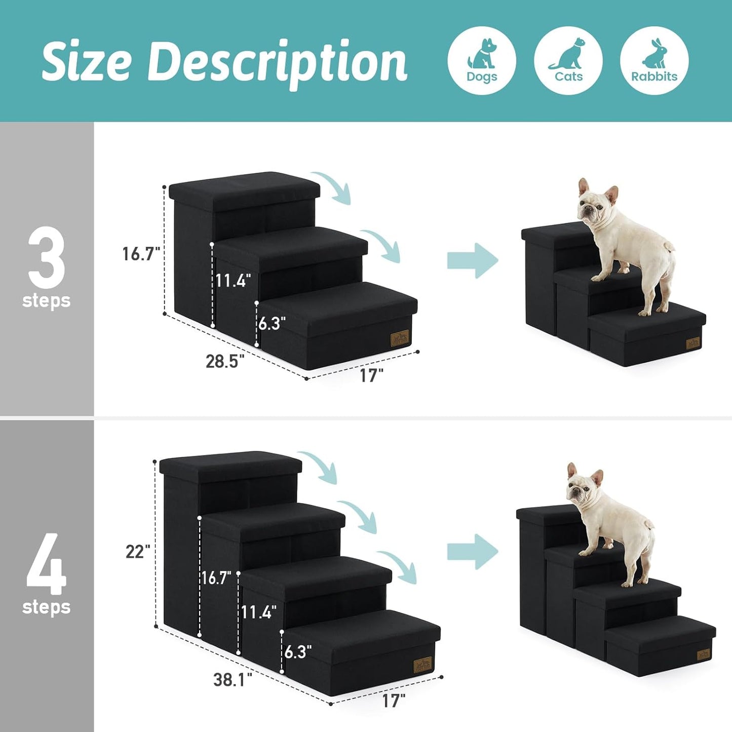 Dog Stairs with Storage, 4-Step Wider Sturdy Dog Steps for Small/Medium/Large Dogs and Older Cats, Folding Doggie Ramp for Bed/Couch/Car Hold Up to 180 lbs (22" H, Brown)