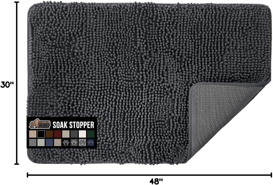 GORILLA GRIP SoakSTOPPER Dog Door Mat, 30x20 Machine Washable Rug Absorbent Doormat Captures Moisture Mud Dirt, Quick Dry Soft Chenille Entryway Rugs Indoor Entrance Mats for Dog Paws, Paw Grey
