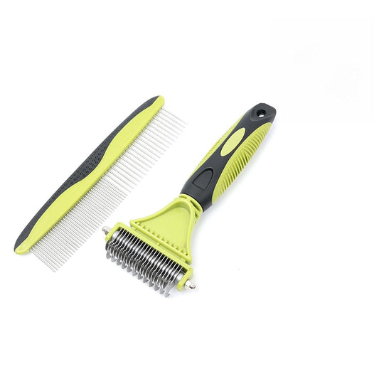 2-in-1 Pet Grooming Brush & Undercoat Rake, Double Sided Dematting Comb for Dogs Cats, Shedding & Slicker Grooming Tool (Green)