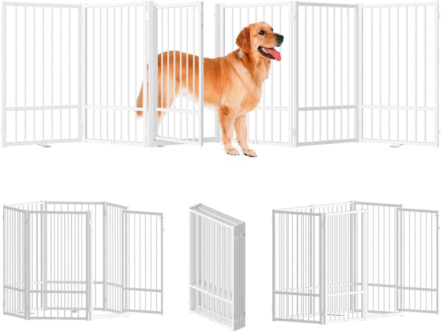 SNUOWU Full Metal Freestanding Dog Gate with Door, 32''Height Foldable Pet Dog Fence for Indoor & Outdoor, 4 Panels Extra Wide Free Standing TallDog Gates for Doorways,House,Stairs,Porch,Deck,Yard