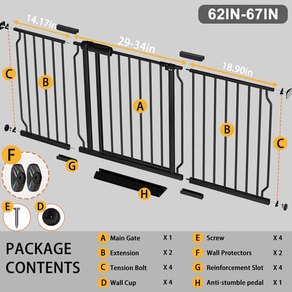 Fairy Baby Extra Wide Baby Gate Black 57.5-62 Inch Wide, Walk Through Pressure Mounted No Drill for Doorways, Long and Large Tension Dog Gates for Pet and Kids
