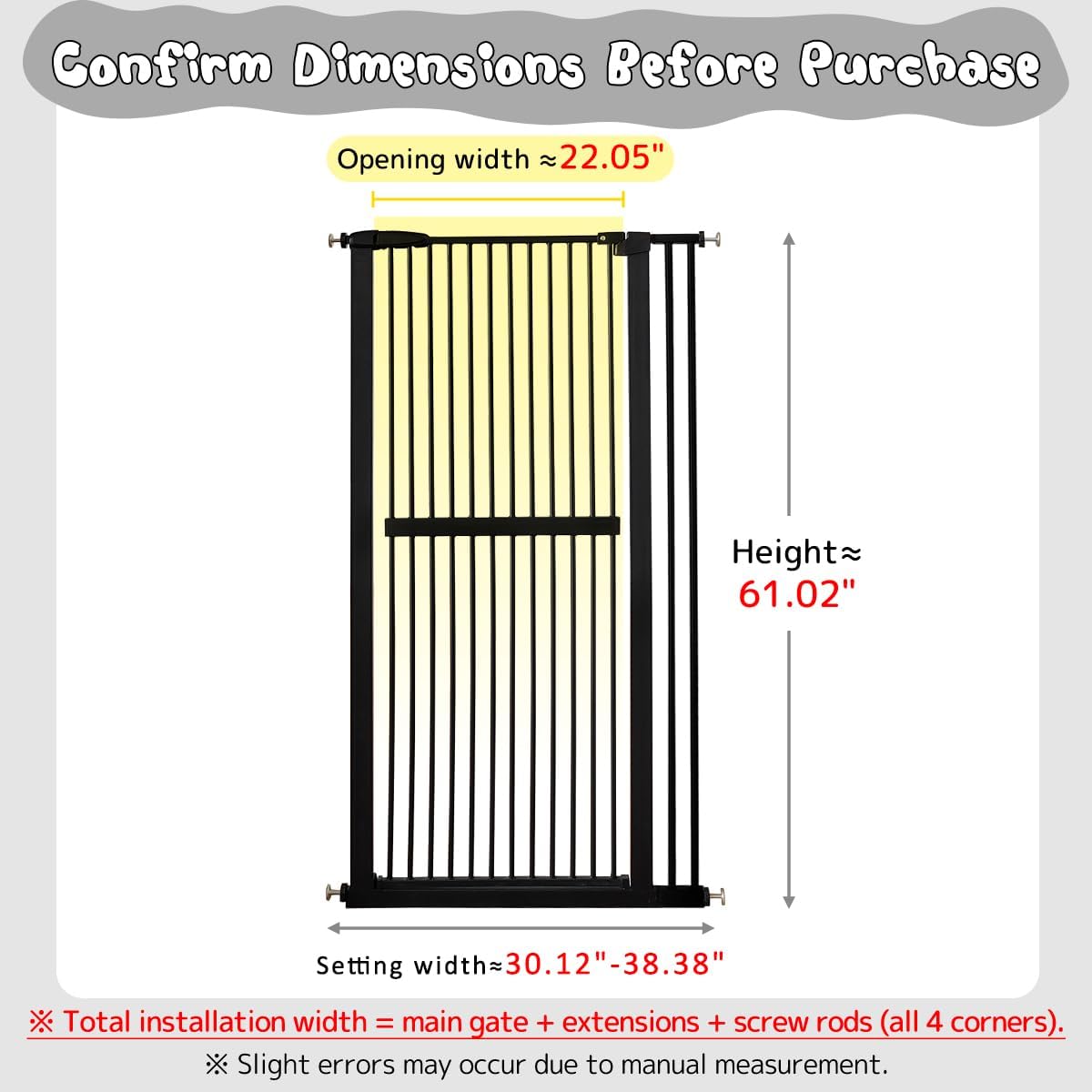 Lumizone Extra Tall Cat Gate 61.02" High Pressure Mounted Extra Wide 30.12"-34.05" (17Sizes) 1.37" Gap No Drilling Auto-Close Tall Pet Gate for Dogs (Black, 30.12"-34.05" W)